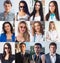Collection of different many happy smiling young people faces caucasian women and men. Concept business, avatar.
