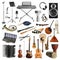 Collection of different musical instruments on white background