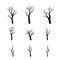 Collection different naked trees silhouettes. Hand drawn vector illustration
