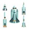 A collection of different rockets. Cartoon rocket, shuttle, spaceship, launch vehicle. Space travel. Vector flat illustration