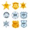 Collection of different sheriff, railroad police and rangers badges. Cop s golden and silver tokens. Cartoon emblems in
