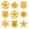 Collection of different sheriff s golden badges in modern flat design. Police emblems in star and circle shapes.