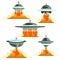 A collection of different takeoffs from the surface of flying saucers. Space travel. Vector flat illustration