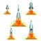 A collection of different takeoffs from the surface rockets. Cartoon rocket, shuttle, spaceship, launch vehicle. Space travel. Vec