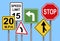 Collection of different traffic signs on turquoise background