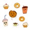 Collection of donuts, cookies, muffins, coffee, tea. Cartoon baking, sweet stuff stickers. Set of cute vector kawaii