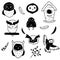 Collection of doodle black and white elements and owls on white background. Set of birds drawn in simple style. Nesting box owls