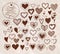 Collection of doodle sketch hearts hand drawn with ink isolated on vintage background.