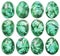 Collection Of Dozen Easter Eggs Dyed Emerald Green And Decorated With Weed Leaves Imprints Isolated On White Background