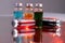 Collection of drug vials with colored solution.