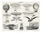 Collection of early flying machines including air balloons, airships, airplanes illustration wall art print and poster design