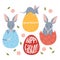 Collection Easter bilbies with Easter eggs. Australian cute animal character. Vector illustration in flat cartoon style.
