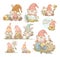 Collection of Easter designs with funny spring gnomes, easter eggs, bunny ears isolated.