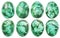 Collection Of Eight Easter Eggs Dyed Emerald Green And Decorated With Weed Leaves Imprints Isolated On White Background