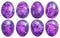 Collection Of Eight Easter Eggs Dyed Purple and Decorated with Leaves Imprints Isolated On White Background