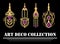 Collection of elegant gold earrings with purple amethyst gem in art deco. Symmetric classic design, jewel for festive occasions.