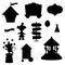 Collection of elements pink circus silhouette. Tent, monkey, doll, carousel, cap, ball, pointer