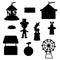 Collection of elements pink circus silhouette. Tent, toy, carousel, tickets