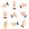 Collection empty hands showing different gestures. 9 icons set on white background. Vector hand illustration