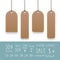 Collection of empty hanging tags with rope. Kraft paper labels.