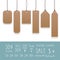 Collection of empty hanging tags with rope. Kraft paper labels.