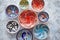 Collection of empty moroccan colorful decorative ceramic bowls