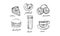 Collection of fast food dishes and drinks, cake, pretzel, lemon, burger, beer, tea hand drawn vector Illustration on a