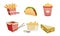 Collection of Fast Food, Takeaway Street Food Dishes, French Fries, Tako, Popcorn, Nachos, Sandwich Vector Illustration