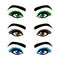 Collection female eyes and eyebrows of shapes, different colors, with without makeup
