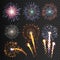 Collection festive fireworks of various colors arranged on a black background. Isolated outbreaks transparent to paste