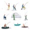 Collection of Fishermen Catching Fish with Fishing Rods, Fisher Characters Sitting on Shore and Boats Vector