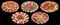 Collection of Five Plateful Garnished Appetizer Savory Dishes Isolated on Black Background