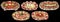 Collection of Five Plateful Garnished Oblong Appetizer Savory Dishes Isolated on Black Background