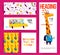 Collection of flat back to school card designs with lettering, animals and seamless backgrounds.