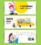 Collection of flat school card designs with text samples, yellow school bus, funny cartoon animal students on green background.