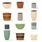 Collection of flower pots. Terracotta, ceramic and wooden planters of various shapes and colors. Interior design. Indoor or garden