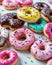 collection of fluffy colorful donuts, summer vibe, fast food industry