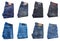 Collection of folded jeans trousers isolated on white