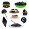 Collection of food dishes of black color, burger, blackberries, lollipop, sushi rolls, cupcake, ice cream cone, pasta