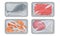Collection of Food Plastic Tray Containers with Transparent Cellophane Covers, Fresh Minced Meat, Shrimps and Fish