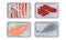 Collection of Food Plastic Tray Containers with Transparent Cellophane Covers, Fresh Salmon Steak, Beef Meat, Raw Bacon