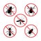 A collection of forbidding signs. Stop the fly, cockroach, tick, stop the ant, stop the mosquito.Crossed out warning
