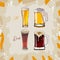 Collection of four dark and light glasses of beer, hand-drawing oktoberfest beer, beer with foam. Vector drawing