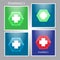 Collection of four medical logos with a cross. Glass buttons