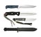 Collection four Tactical knives different sizes isolated on white. One knife with black anti-reflective blade coating