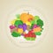 Collection of fresh, healthy vegetables in circle. Autumn harvest. Label, sticker, banner for design. Natural healthy food concept