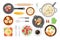 Collection fresh homemade delicious tasty food in serving plates and cutlery top view vector flat