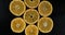Collection of fresh mandarin slices on black background. Rotation citrus fruit. Top view.