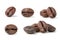 Collection of fresh roasted dark brown arabica coffee beans isolated on a white background with clipping path