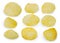 Collection of fried potato chips snack in white bowl on white background, Junk food.